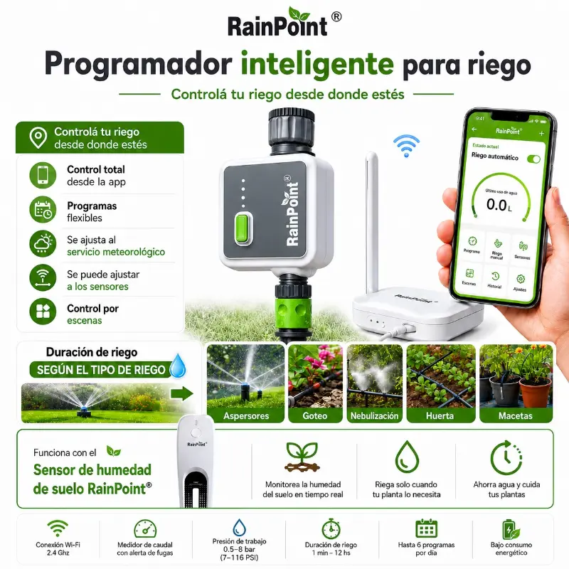Programador inteligente RainPoint para riego — WiFi, sensores y app