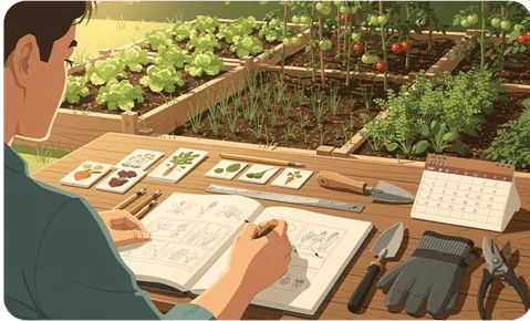 Planificación de la huerta: dibujo de los canteros con notas y herramientas sobre la mesa