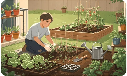 Persona plantando almácigos en un cantero junto a una regadera
