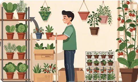 Persona organizando macetas y plantas en un espacio reducido